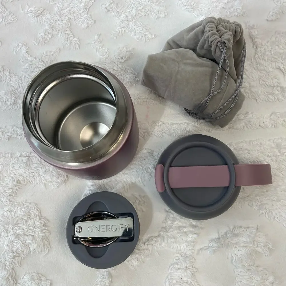 GNERGIFY Double Wall Vacuum Food Jar Thermos w/ Folding Spoon & Bag 22 oz Purple